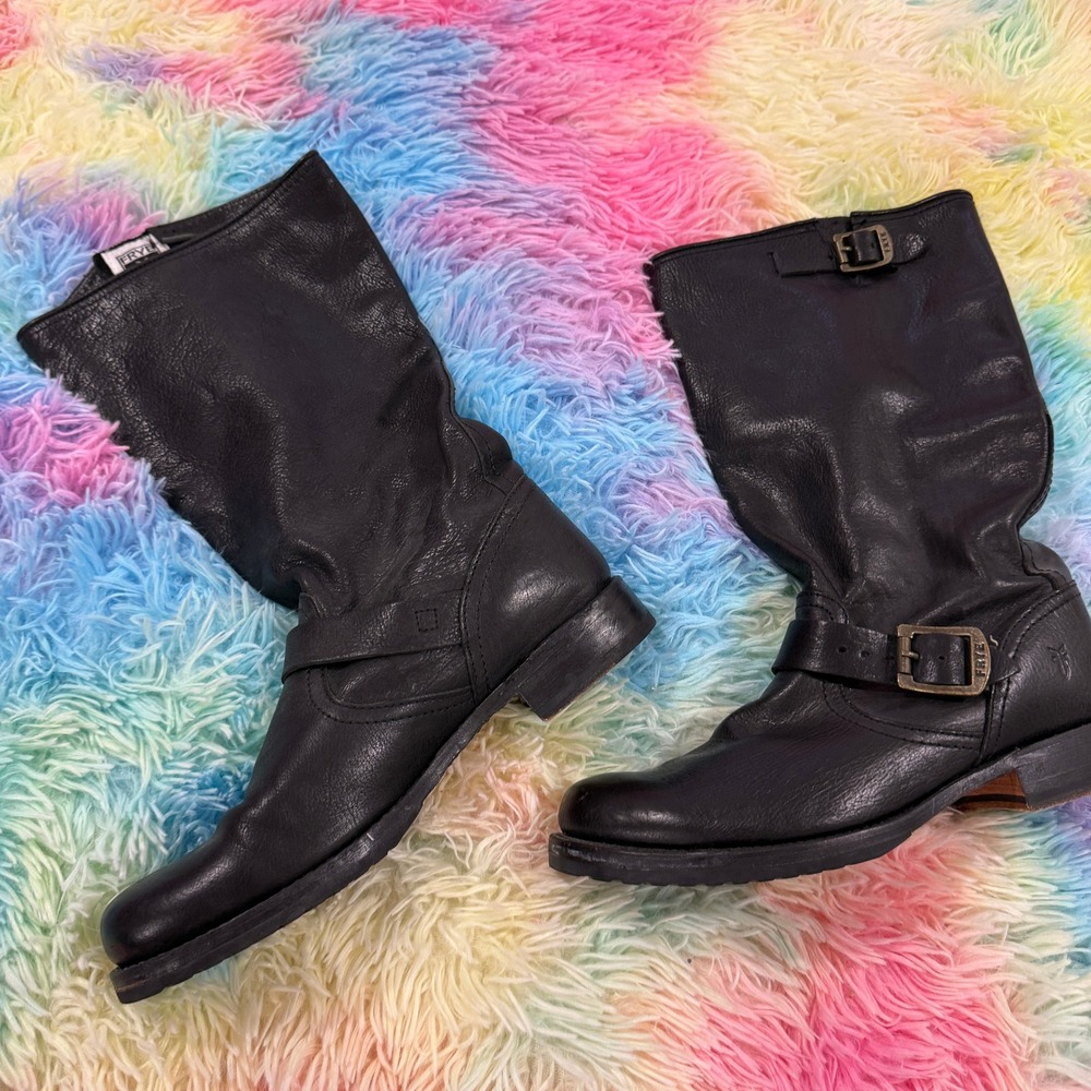 Frye Tall Engineer Boots Womens 10 Black Leather Buckle Moto
